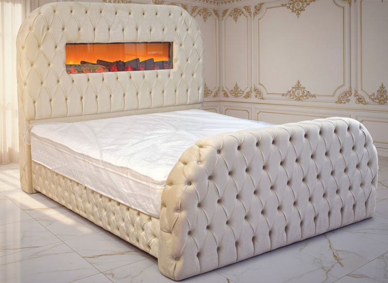 XL Chesterfield Bett &quot;Rubin&quot; Farbauswahl Deko-Kamin Matratze Bluetooth