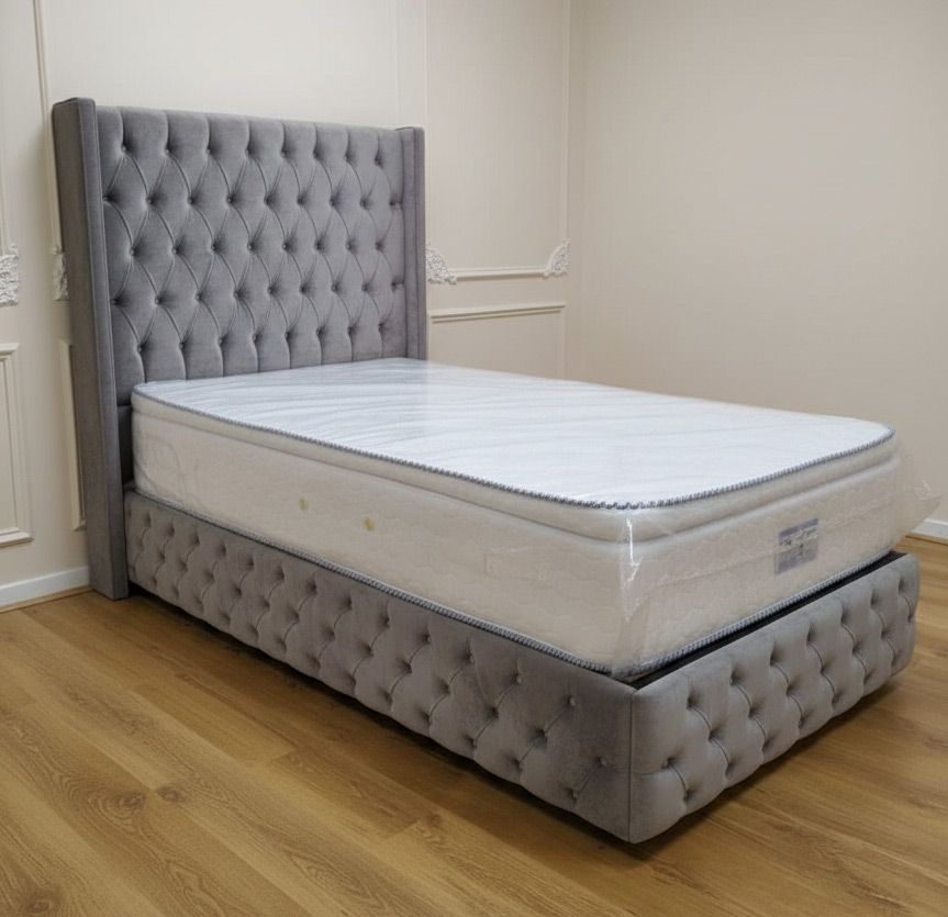 Chesterfield Einzelbett &quot;Krone&quot; 100x200cm Farbauswahl Schlafzimmer, Variante: Grau (ca. 8 Wochen Wartezeit)