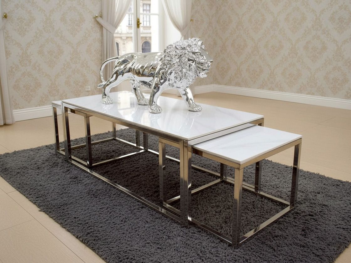 Couchtisch + 2 Beisteller &quot;Tom&quot; Weiss Silber Marmor-Design Wohnzimmer