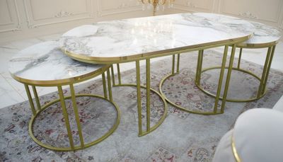 Couchtisch + 2 Beisteller Set &quot;Sky&quot; Weiss Gold Marmordesign