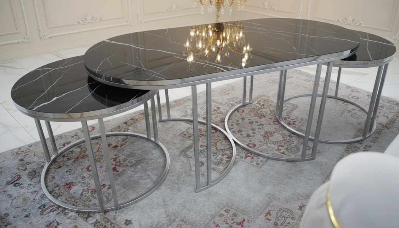 Couchtisch + 2 Beisteller Set &quot;Sky&quot; Schwarz Silber Marmordesign