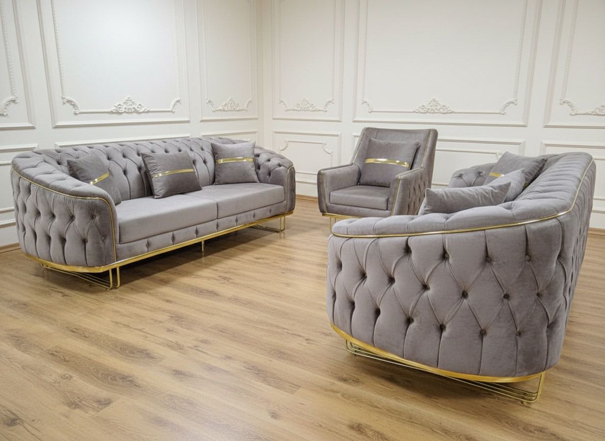 Chesterfield Sofa 3-3-1 "Los Angeles 2" Farbauswahl Garnitur Couch Chesterfield Sofa 3-3-1 "Los Angeles 2" Farbauswahl Garnitur Couch, Beispiel-Farben: Beige / Gold (ca. 8 Wochen Wartezeit)