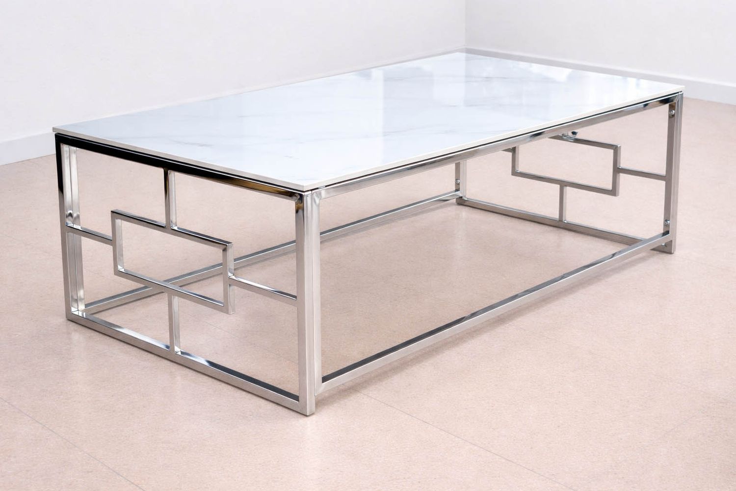 Couchtisch 120x60 "Han" Weiss Silber Marmor-Design Wohnzimmer