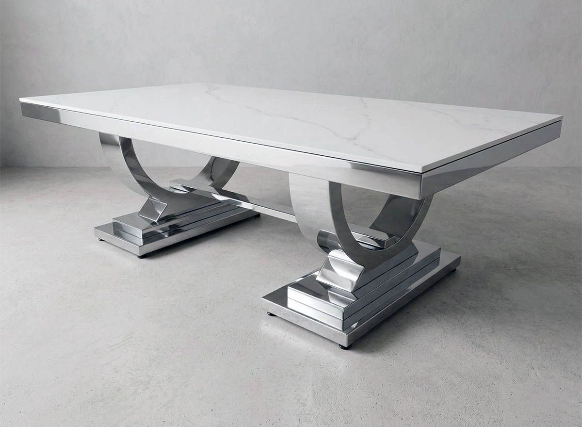 Design Couchtisch "Nova" 130x70 Weiss Silber Marmor-Optik Wohnzimmer