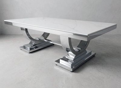 Design Couchtisch "Nova" 130x70 Weiss Silber Marmor-Optik Wohnzimmer