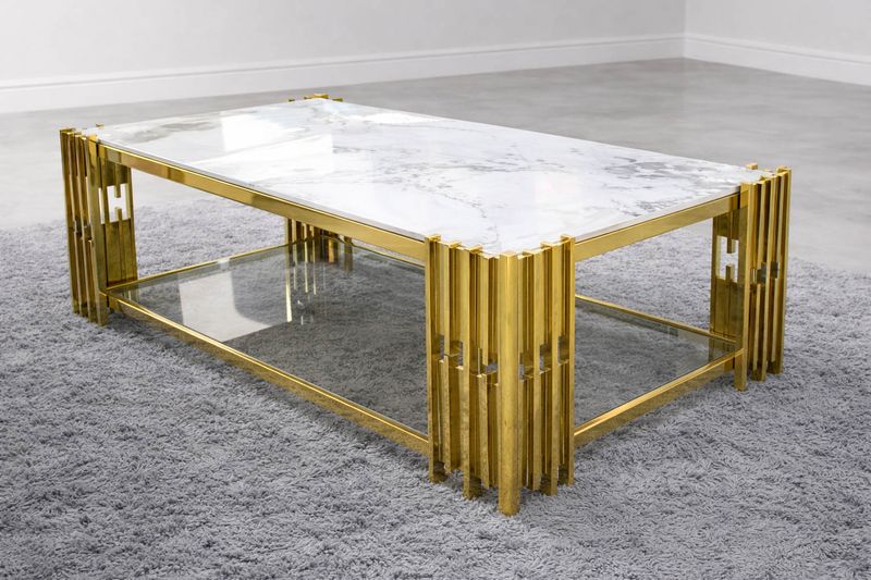 Design Couchtisch "Piano 2" 130x70 Weiss Gold Marmor-Design Design Couchtisch "Piano 2" 130x70 Weiss Gold Marmor-Design