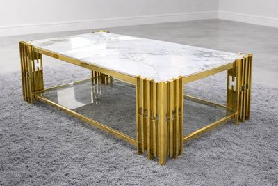 Design Couchtisch "Piano 2" 130x70 Weiss Gold Marmor-Design