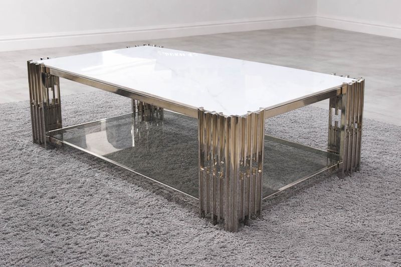 Design Couchtisch "Piano 2" 130x70 Weiss Silber Marmor-Design Design Couchtisch "Piano 2" 130x70 Weiss Silber Marmor-Design