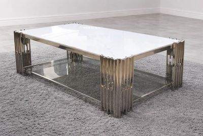 Design Couchtisch "Piano 2" 130x70 Weiss Silber Marmor-Design