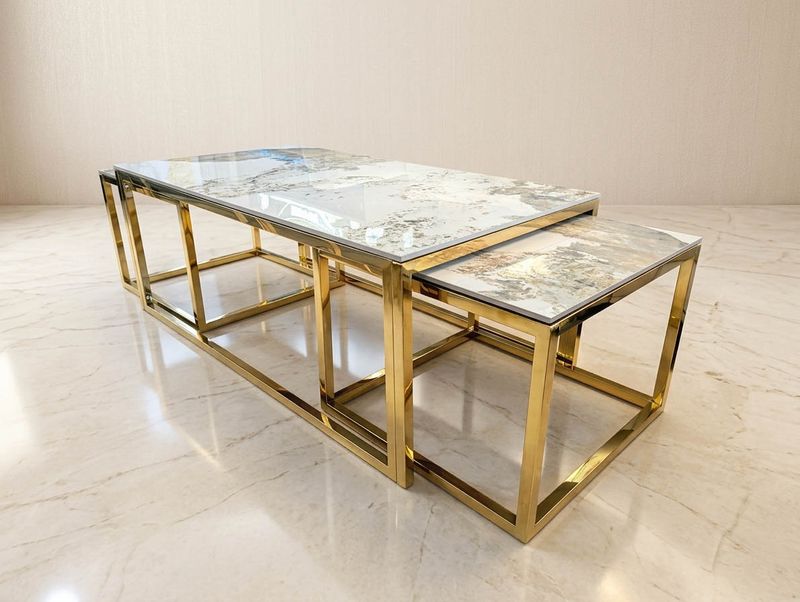 Couchtisch + 2 Beisteller "Tom" Weiss Gold Marmor-Design Wohnzimmer Couchtisch + 2 Beisteller "Tom" Weiss Gold Marmor-Design Wohnzimmer