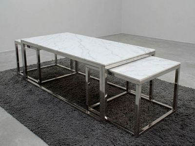 Couchtisch + 2 Beisteller "Tom" Weiss Silber Marmor-Design Wohnzimmer