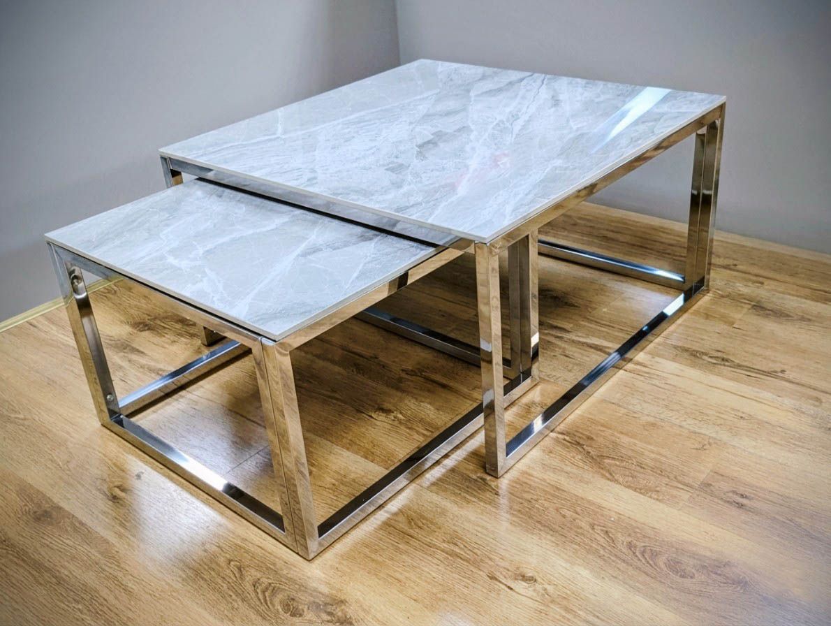 2er-Set Design Couchtisch "Tom" Grau Marmor-Optik Silber Wohnzimmer