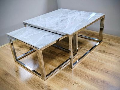 2er-Set Design Couchtisch "Tom" Grau Marmor-Optik Silber Wohnzimmer