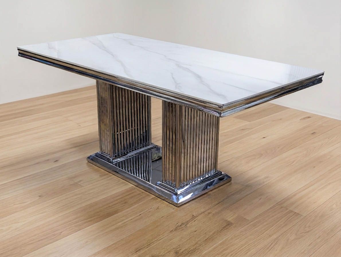 Design Esstisch "Roxana" 180x90 Weiss Marmor-Design Silber