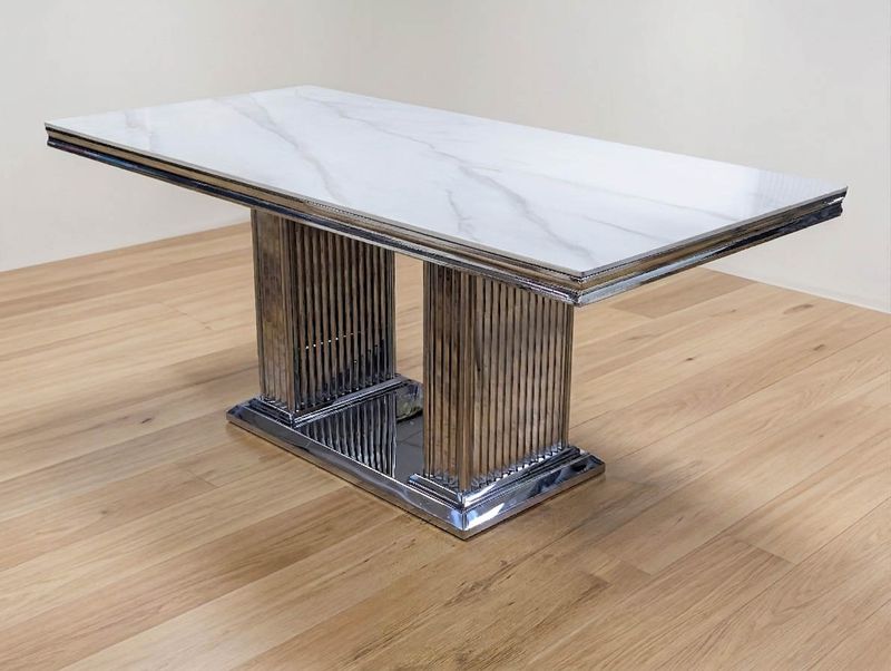 Design Esstisch "Roxana" 180x90 Weiss Marmor-Design Silber