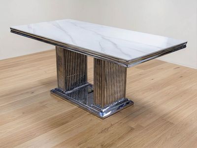Design Esstisch "Roxana" 180x90 Weiss Marmor-Design Silber Design Esstisch "Roxana" 180x90 Weiss Marmor-Design Silber