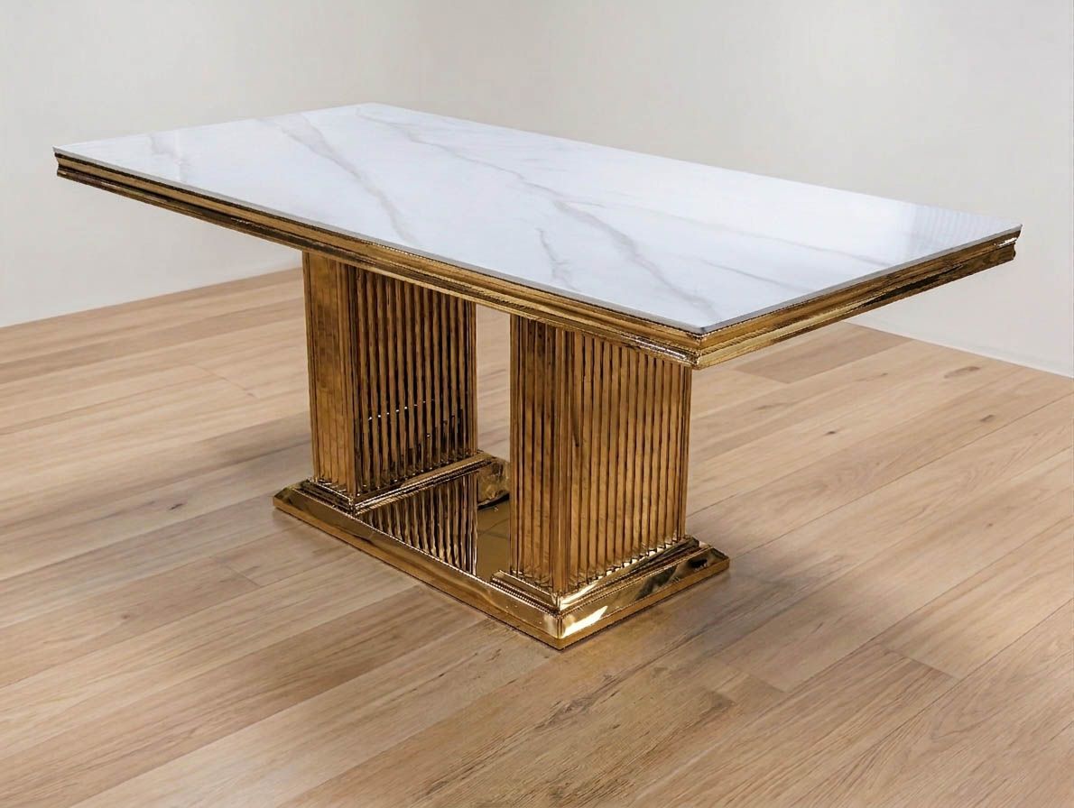 Design Esstisch "Roxana" 180x90 Weiss Marmor-Design Gold