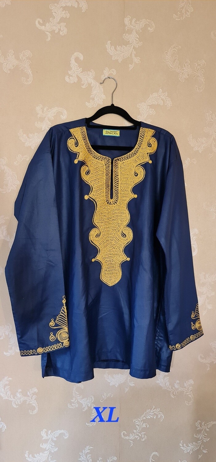 Embroidered Long Sleeved Shirt - Blue and Gold
