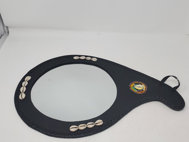 Leather Mirror with Culture Decorations - Black