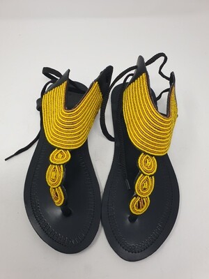 Masai Hand Beaded Leather Sandals Black and Gold Mix - Size 41