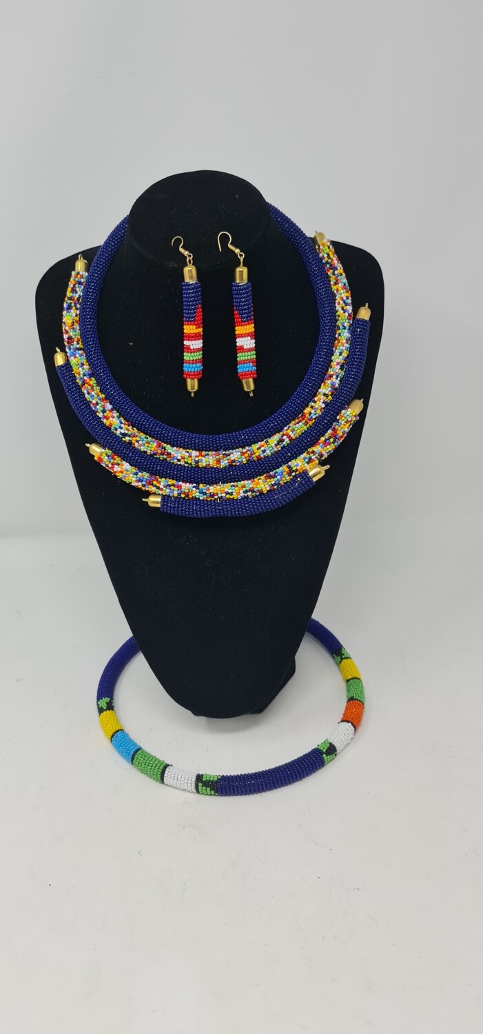 Hand Beaded Multcoloured Necklace Set with Earrings Headress - Blue