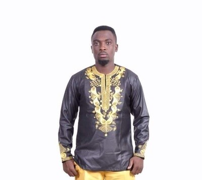 Long-Sleeved Mens Shirt Featuring Classic Gold Embroidery - Large