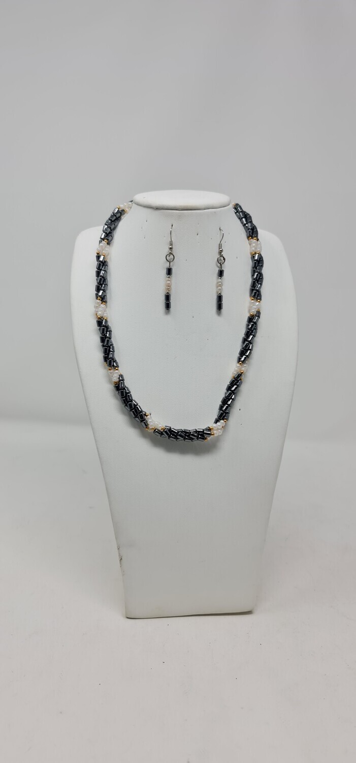 Hematite Necklace and Earrings Set - Mix Cream with Brass Beads
