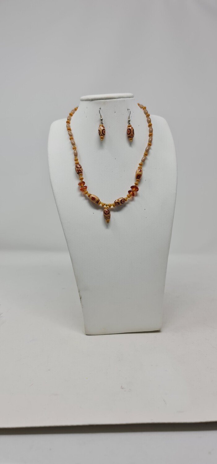 Ethnic Necklace with Matching Earrings - Gold and Red