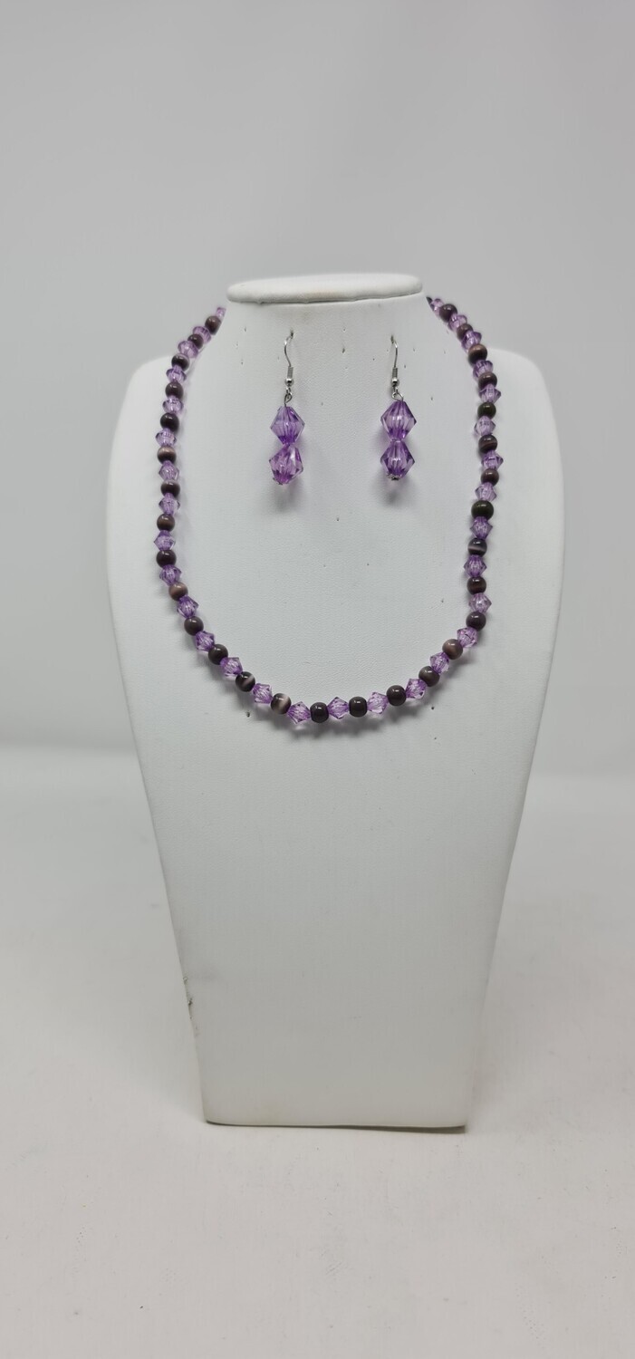 Purple Glass Beads Necklace with Matching Earrings