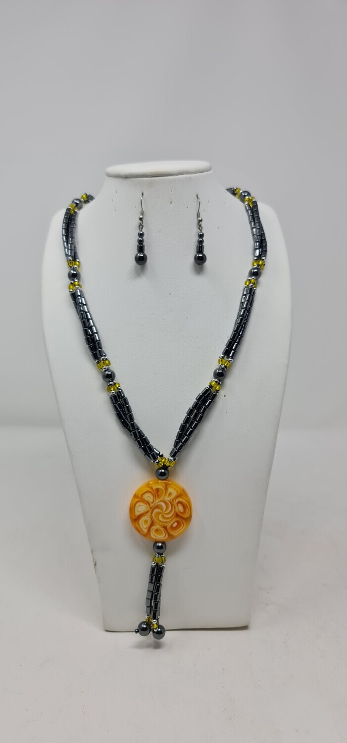 Hematite Necklace and Earrings Set - Mix Yellow Brass Beads