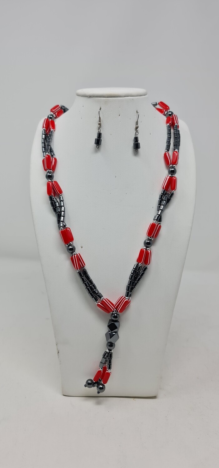 Hematite Necklace and Earrings Set - Mix Red Brass Beads