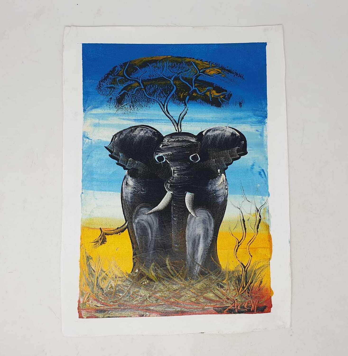 Blue Background Elephant Canvas Oil Painting - 29cm x 40cm