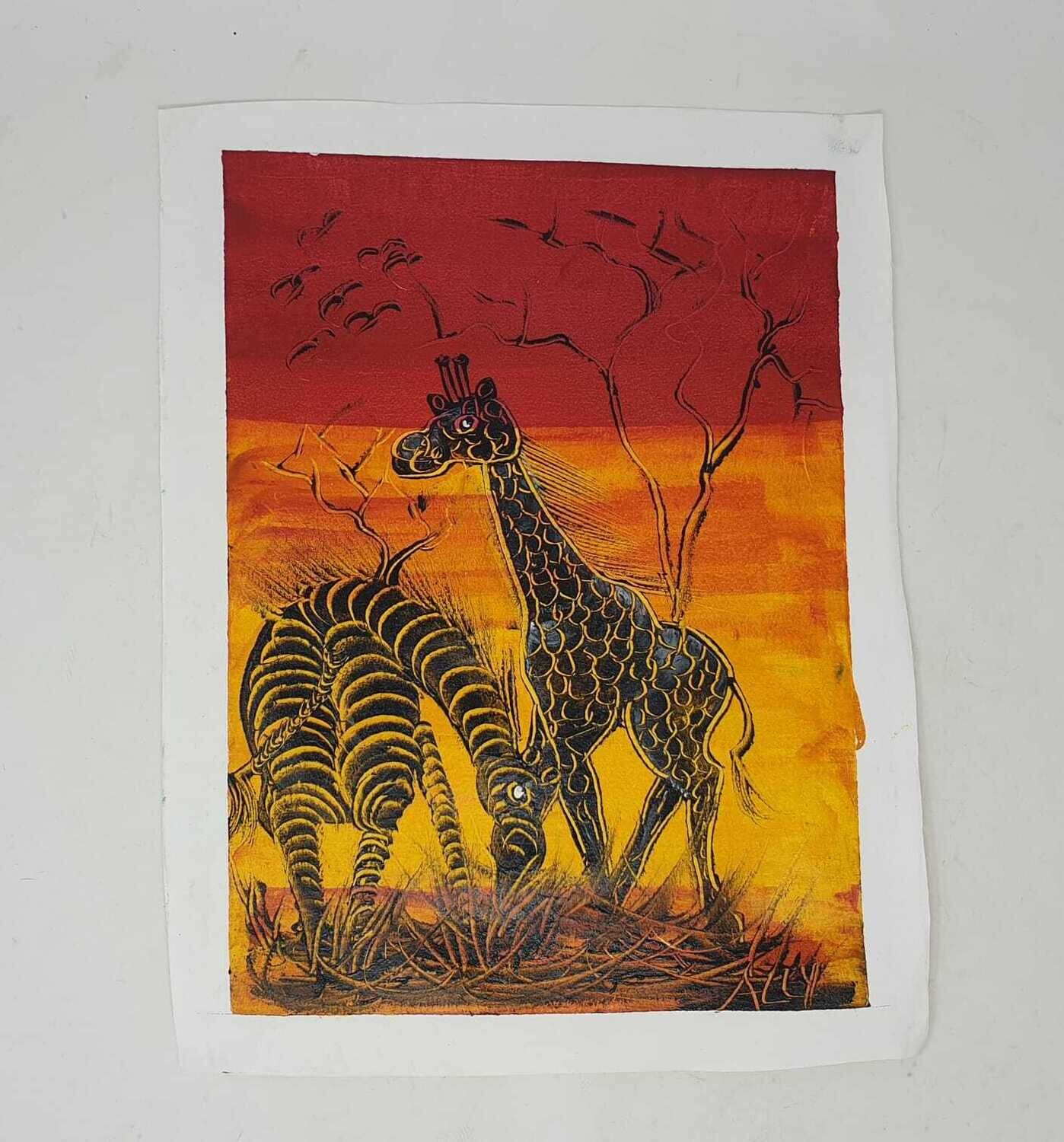 African Art Canvas Oil Painting - 30cm x 39cm - Giraffe and Zebra