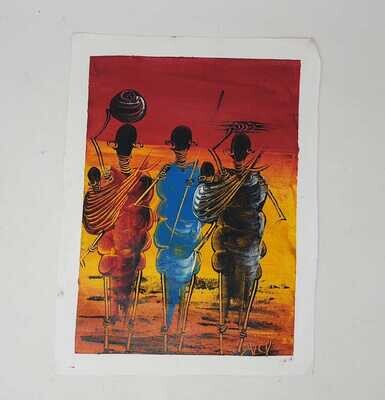 African Art Canvas Oil Painting - 29cm x 39cm - Masai Ladies