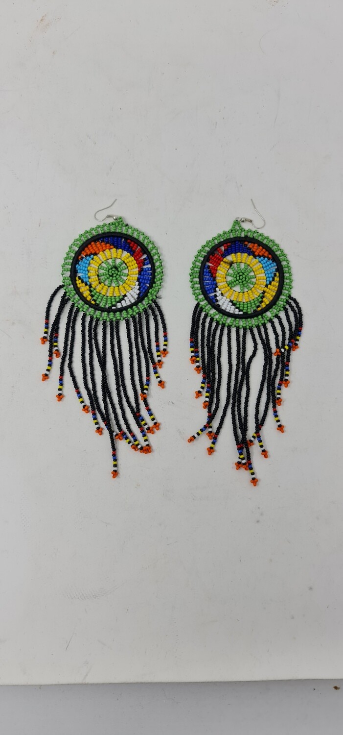 Long Hand Beaded Earrings - Green and Black Mix - 14cm