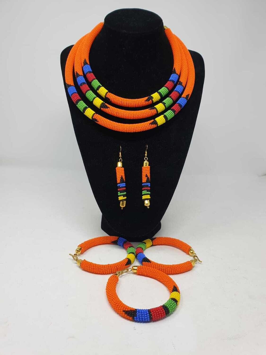Necklace Set With 3 Bangles and Matching Earrings - Orange Mix