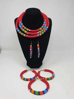 Necklace Set With 3 Bangles and Matching Earrings - Red Mix
