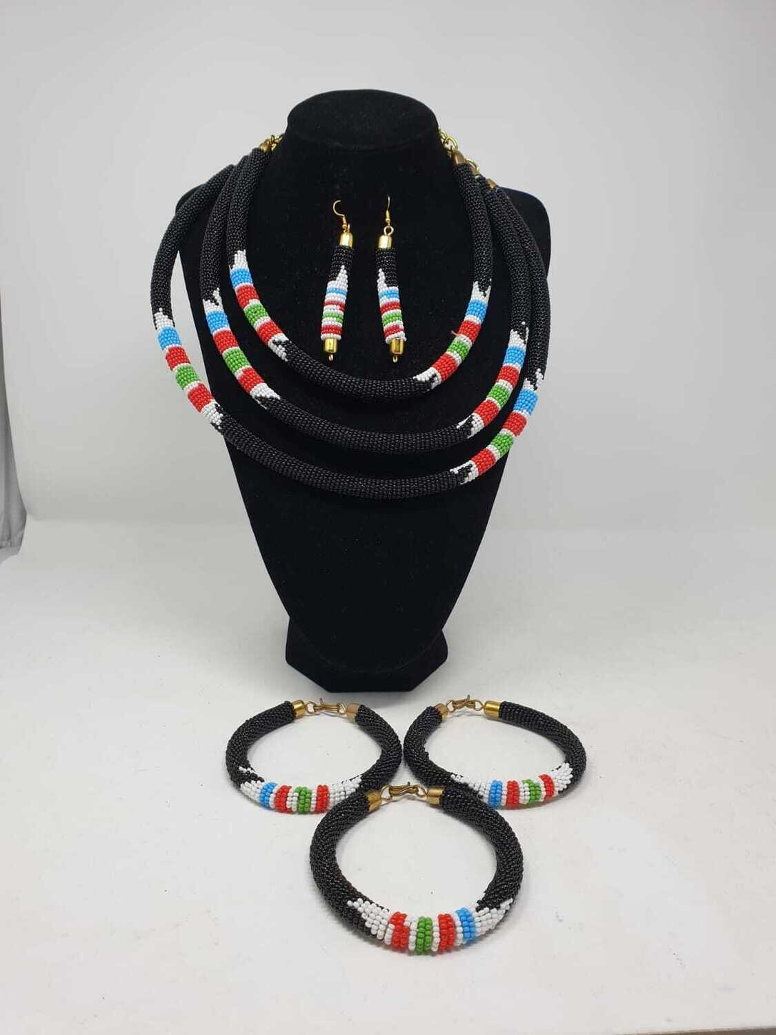 Necklace Set With 3 Bangles and Matching Earrings - Black Mix