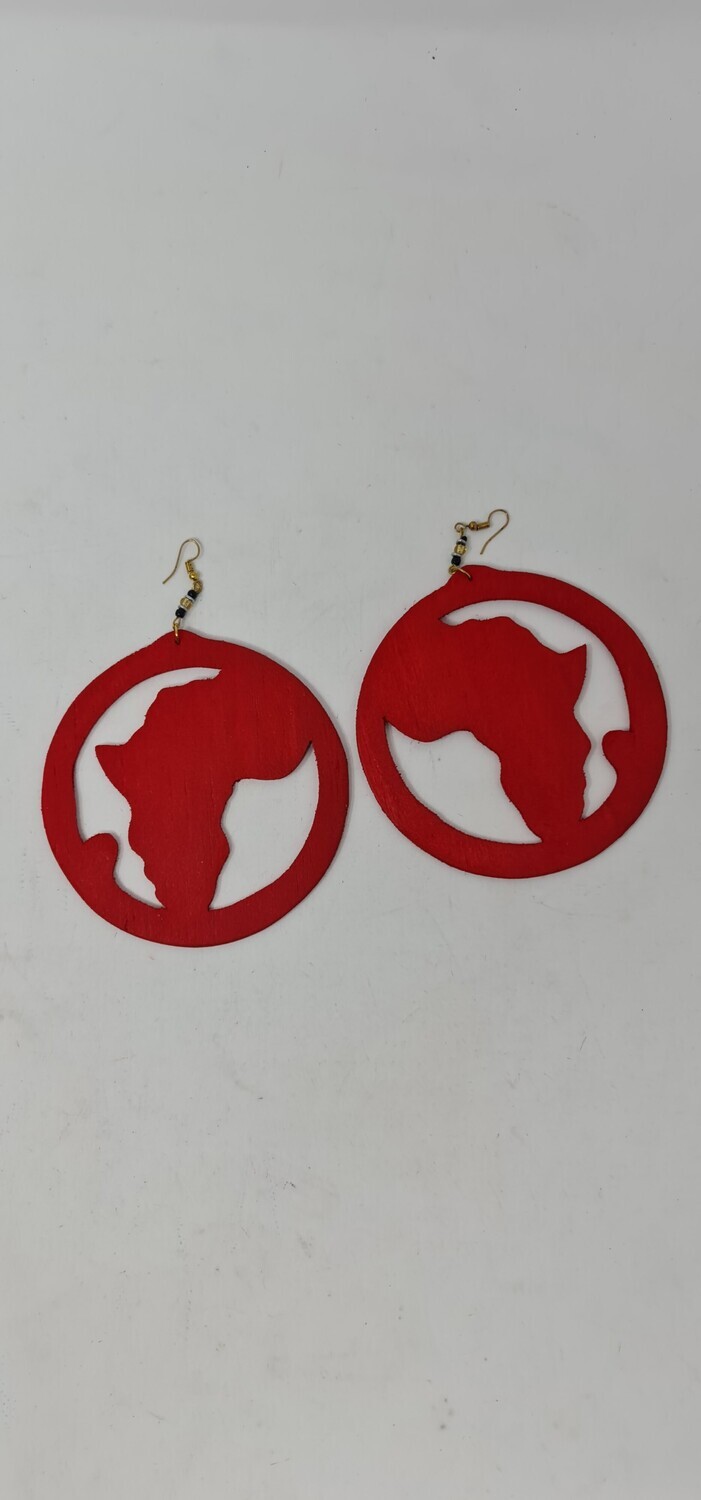 Wooden Africa Map Earrings - Size 10cm - Red