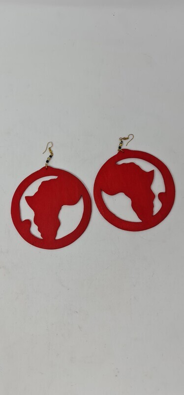 Wooden Africa Map Earrings - Size 10cm - Red