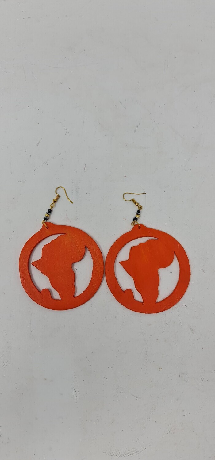 Wooden Africa Map Earrings - Size 9cm - Orange