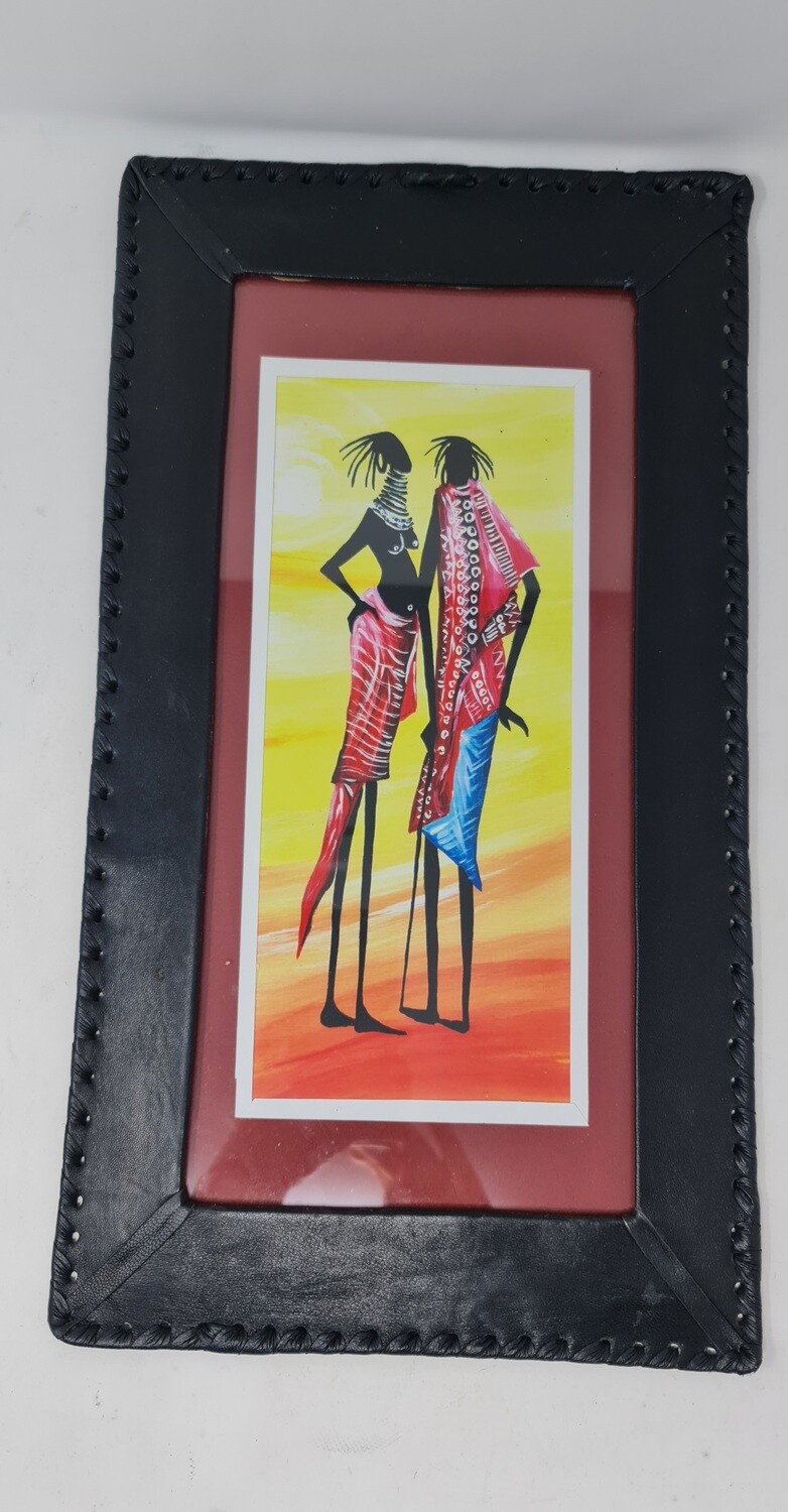 Hand Painted African Art Framed in Leather - Pamoja