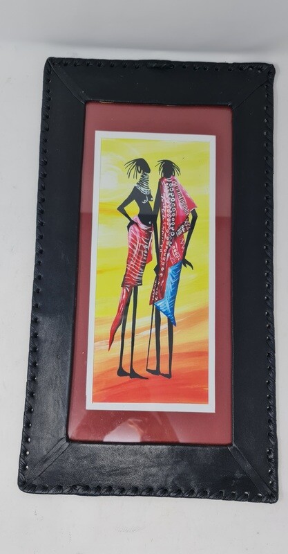 Hand Painted African Art Framed in Leather - Pamoja