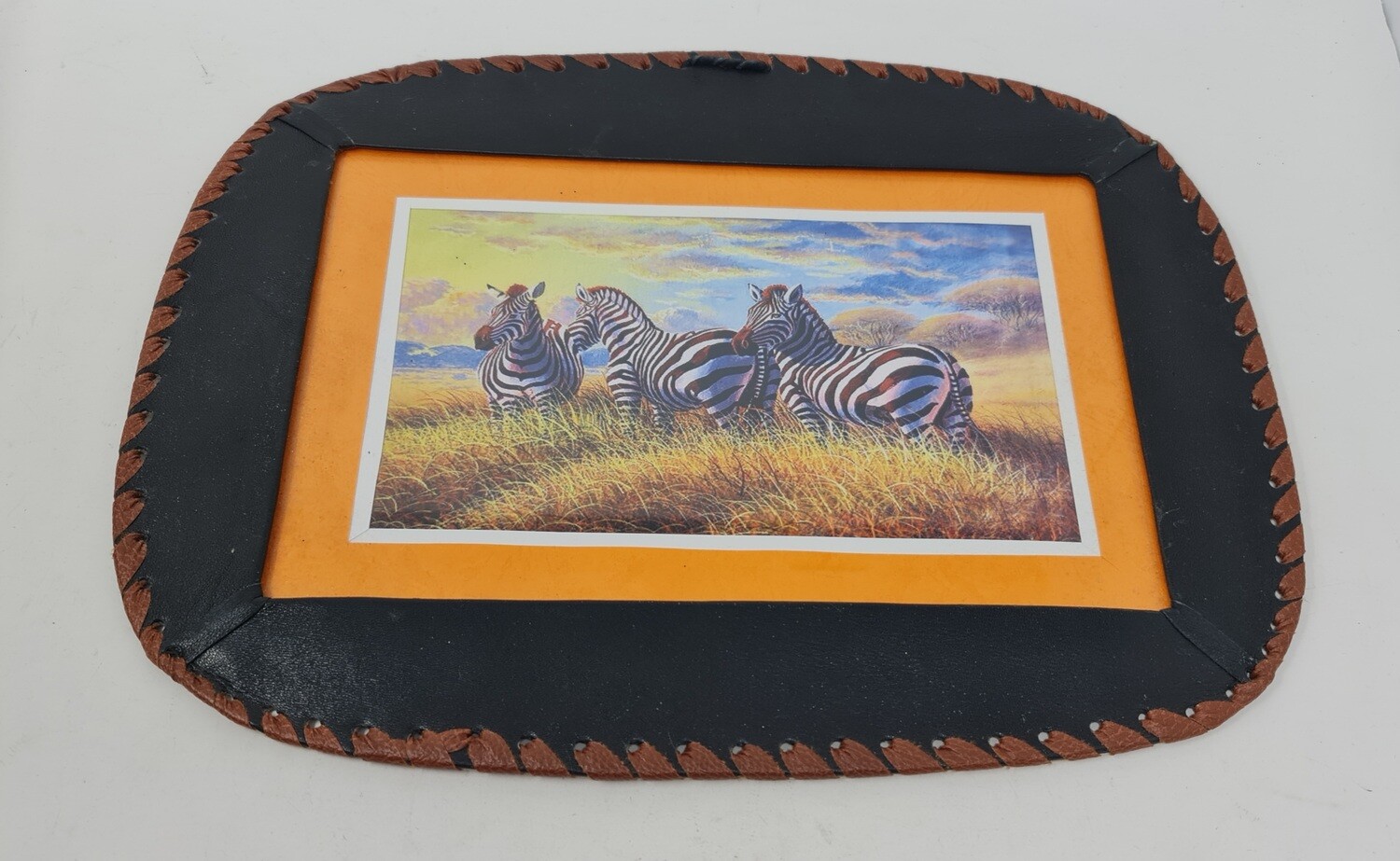 Hand Painted African Art Framed in Leather - Zebra