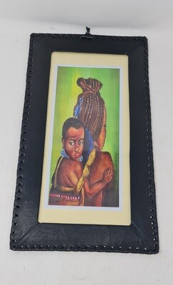 Hand Painted African Art Framed in Leather - Mama na Mwana