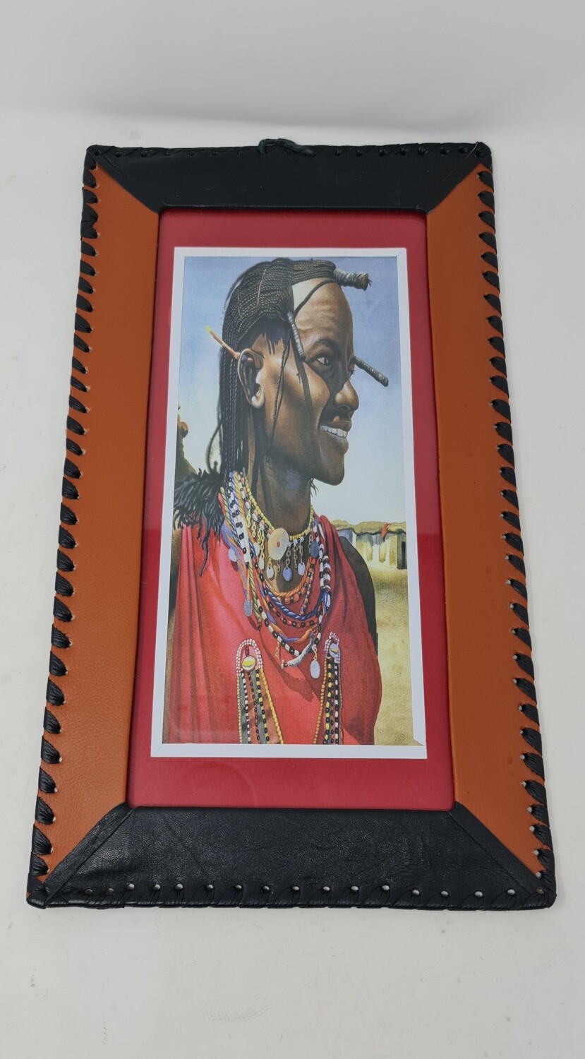 Hand Painted African Art Framed in Leather - Masai Warrior