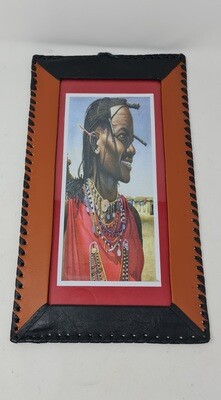 Hand Painted African Art Framed in Leather - Masai Warrior