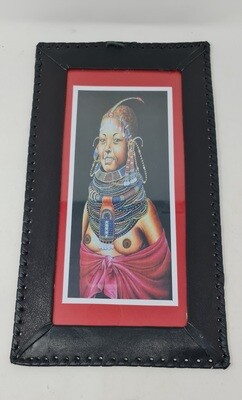 Hand Painted African Art Framed in Leather - Masai Woman