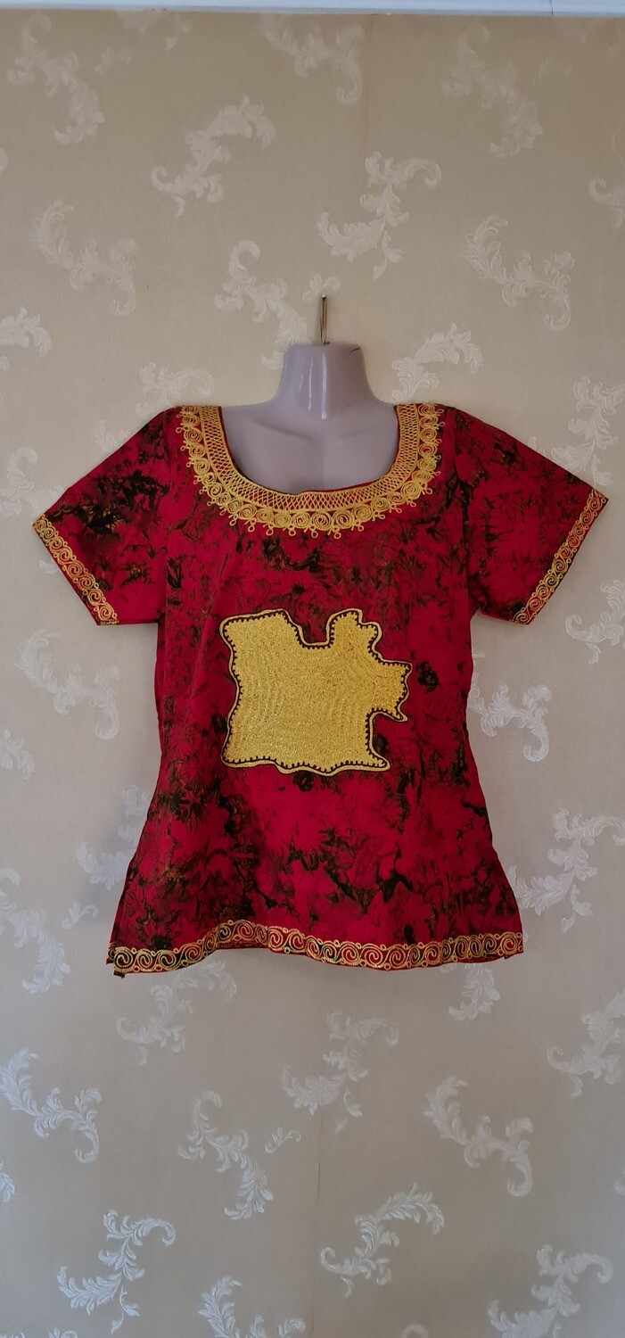 Tie Dye Top with Embroidery - Red and Gold