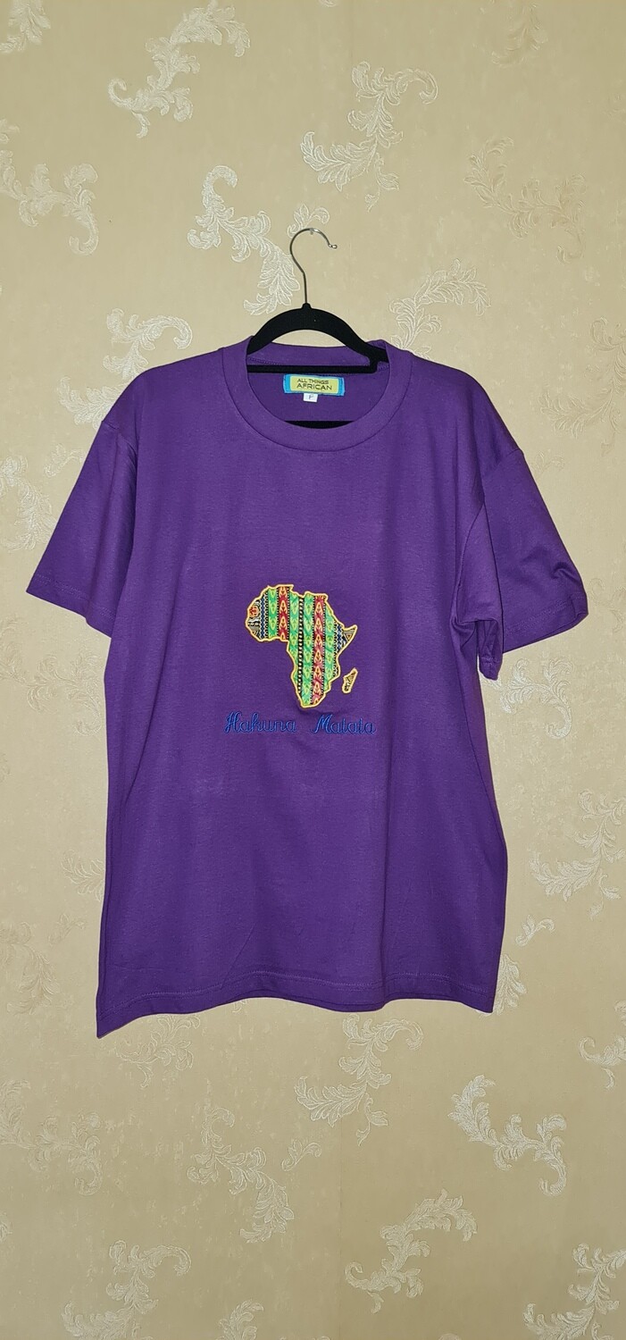 African Print T-Shirt - Karibu Africa - Purple - Size Medium